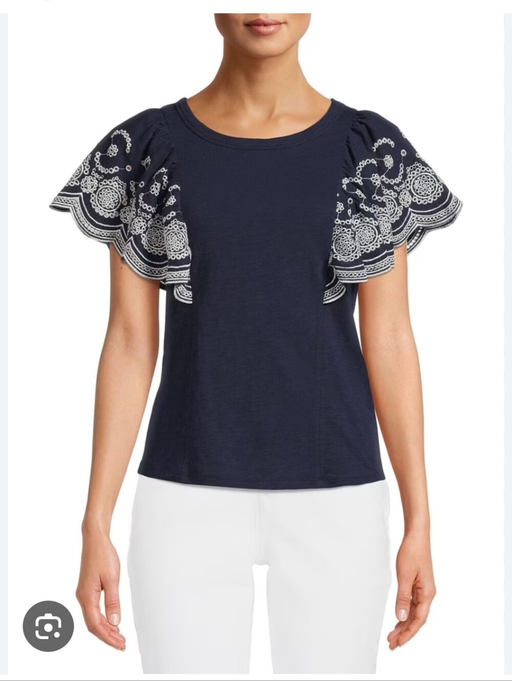 Time and Tru Navy Top with White Eyelet Flutter Sleeves Size L NWT